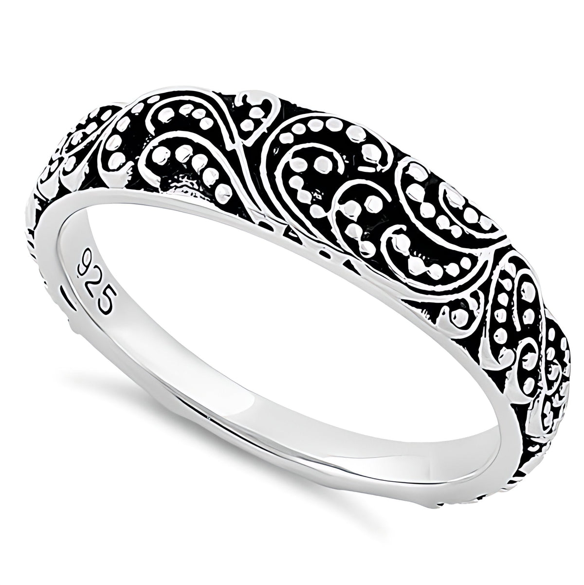 Sterling Silver 3.1mm Oxidized Bali Beaded Scroll Stacking Band Ring for Women