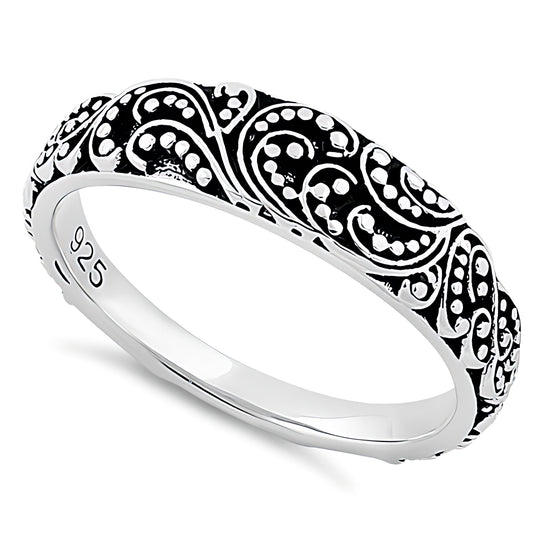 Sterling Silver 3.1mm Oxidized Bali Beaded Scroll Stacking Band Ring for Women