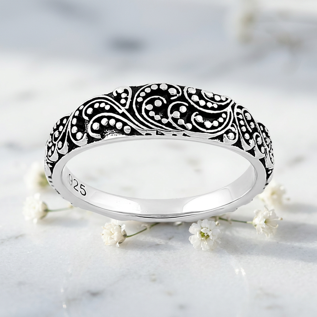 Sterling Silver 3.1mm Oxidized Bali Beaded Scroll Stacking Band Ring for Women life1