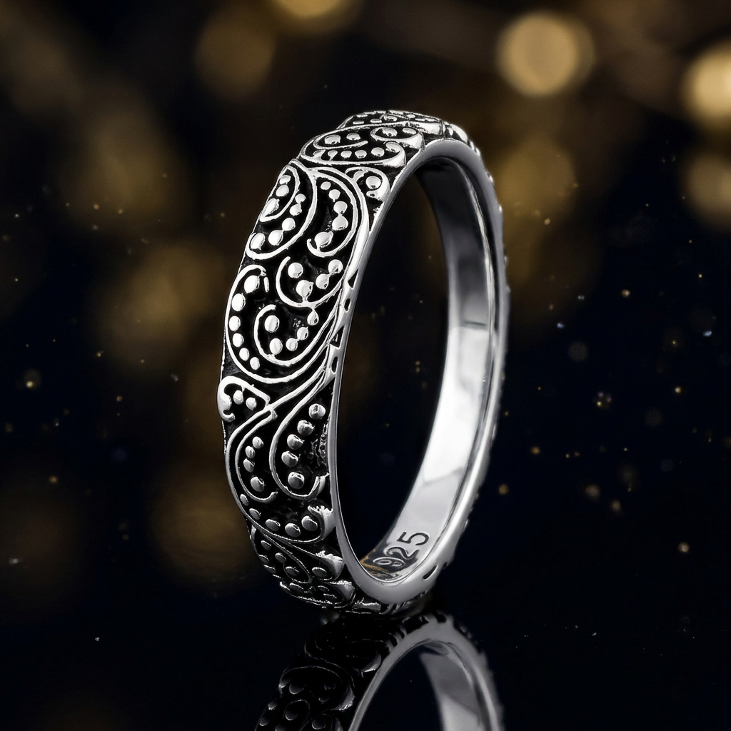 Sterling Silver 3.1mm Oxidized Bali Beaded Scroll Stacking Band Ring for Women life4
