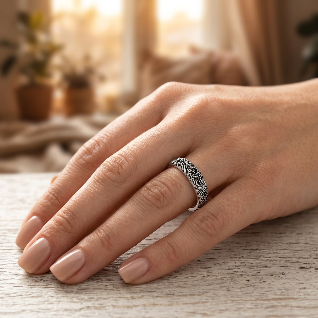 Sterling Silver 3.1mm Oxidized Bali Beaded Scroll Stacking Band Ring for Women model