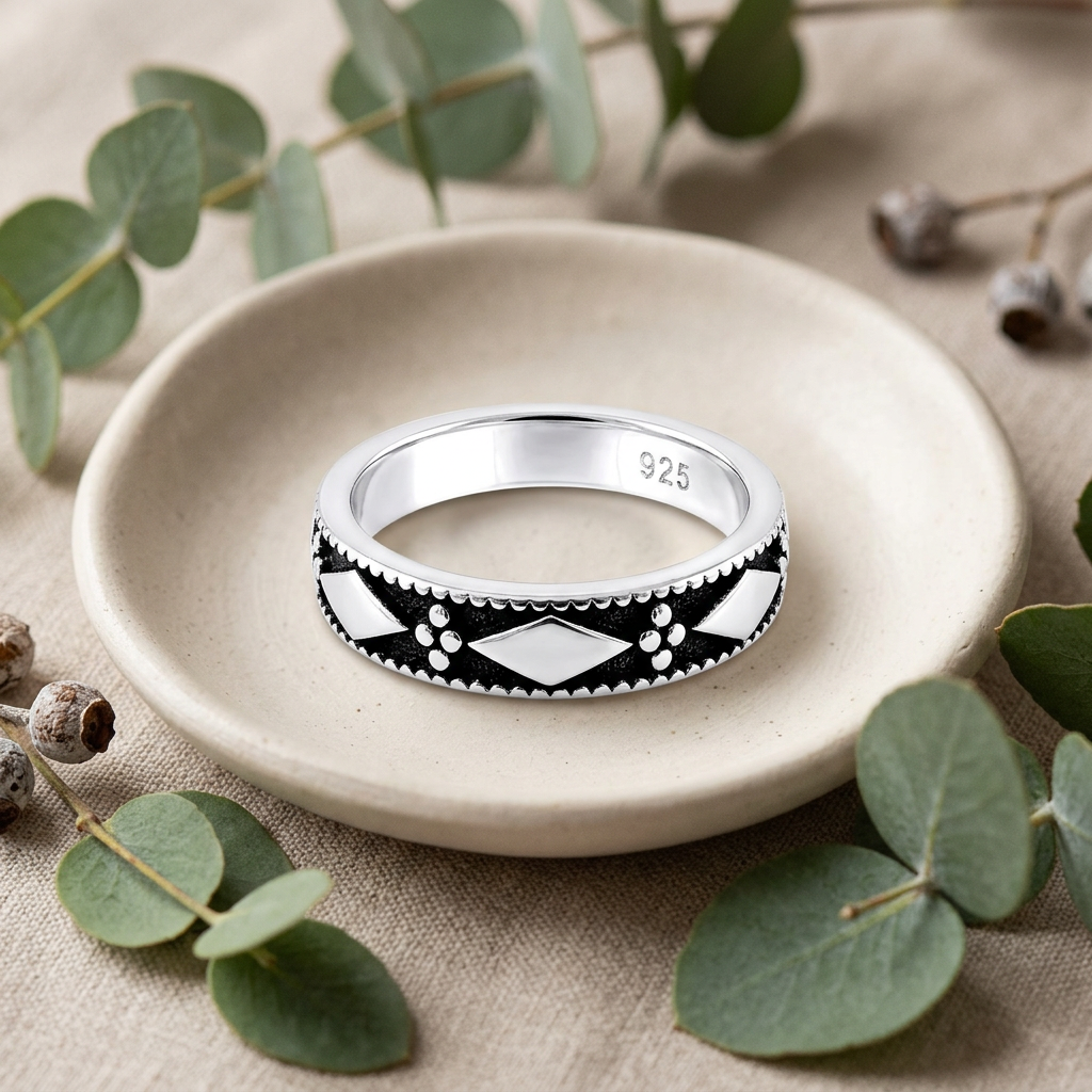 Sterling Silver 4.5mm Oxidized Rhombus and Bead Cluster Band Ring for Women life2