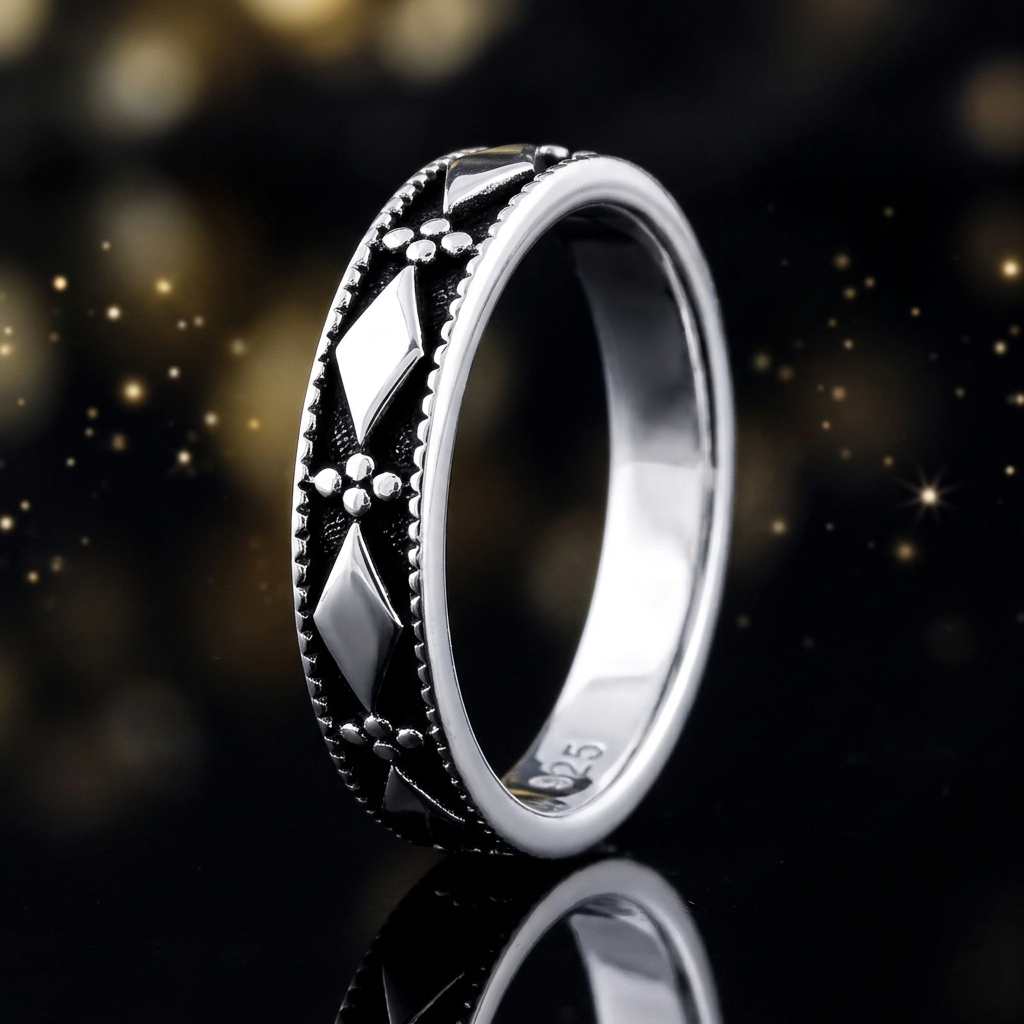 Sterling Silver 4.5mm Oxidized Rhombus and Bead Cluster Band Ring for Women life4