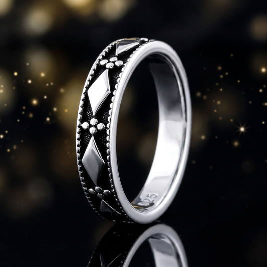 Sterling Silver 4.5mm Oxidized Rhombus and Bead Cluster Band Ring for Women life4