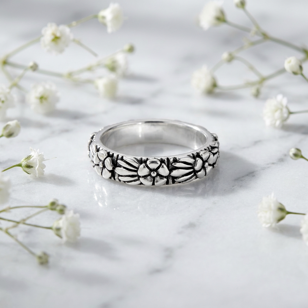 Sterling Silver Plumeria Flower Eternity Band Ring for Women life1