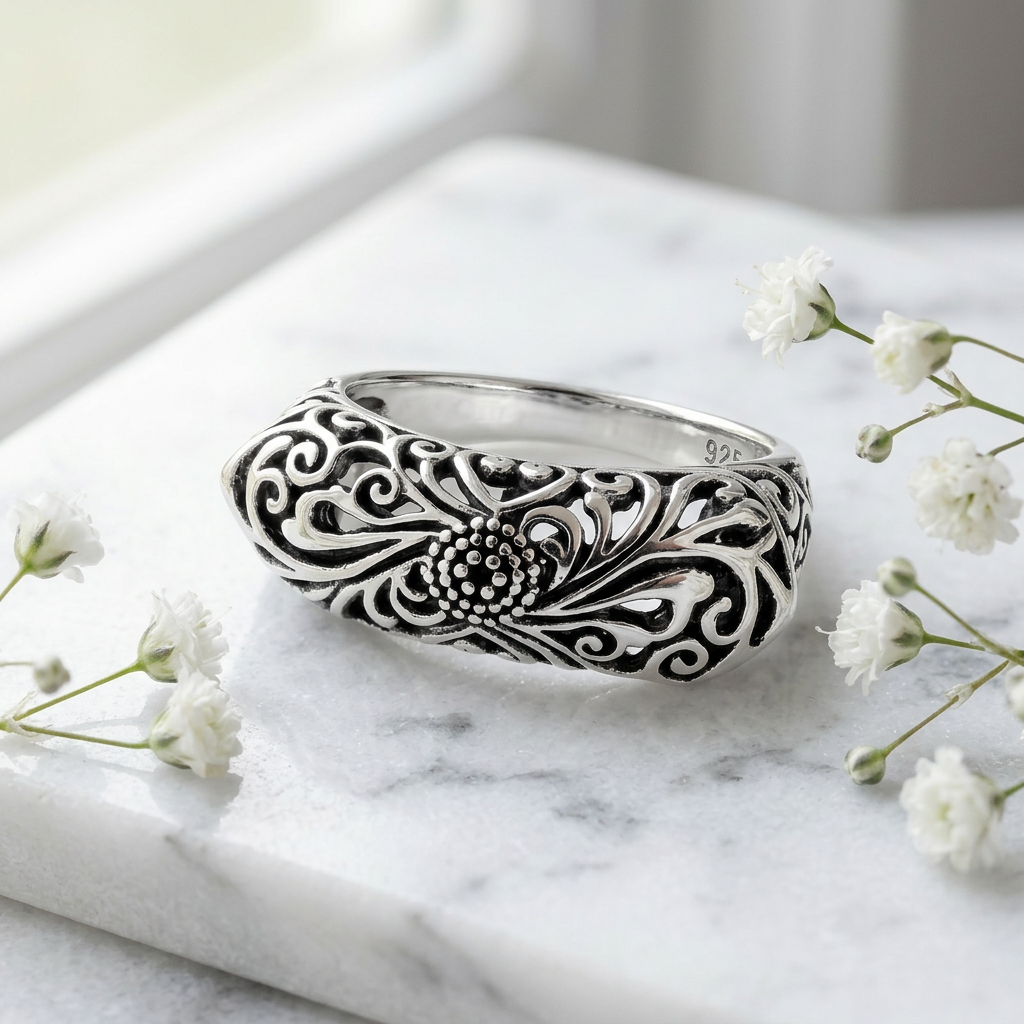Sterling Silver 5.4mm Antiqued Floral Filigree Statement Ring for Women life1