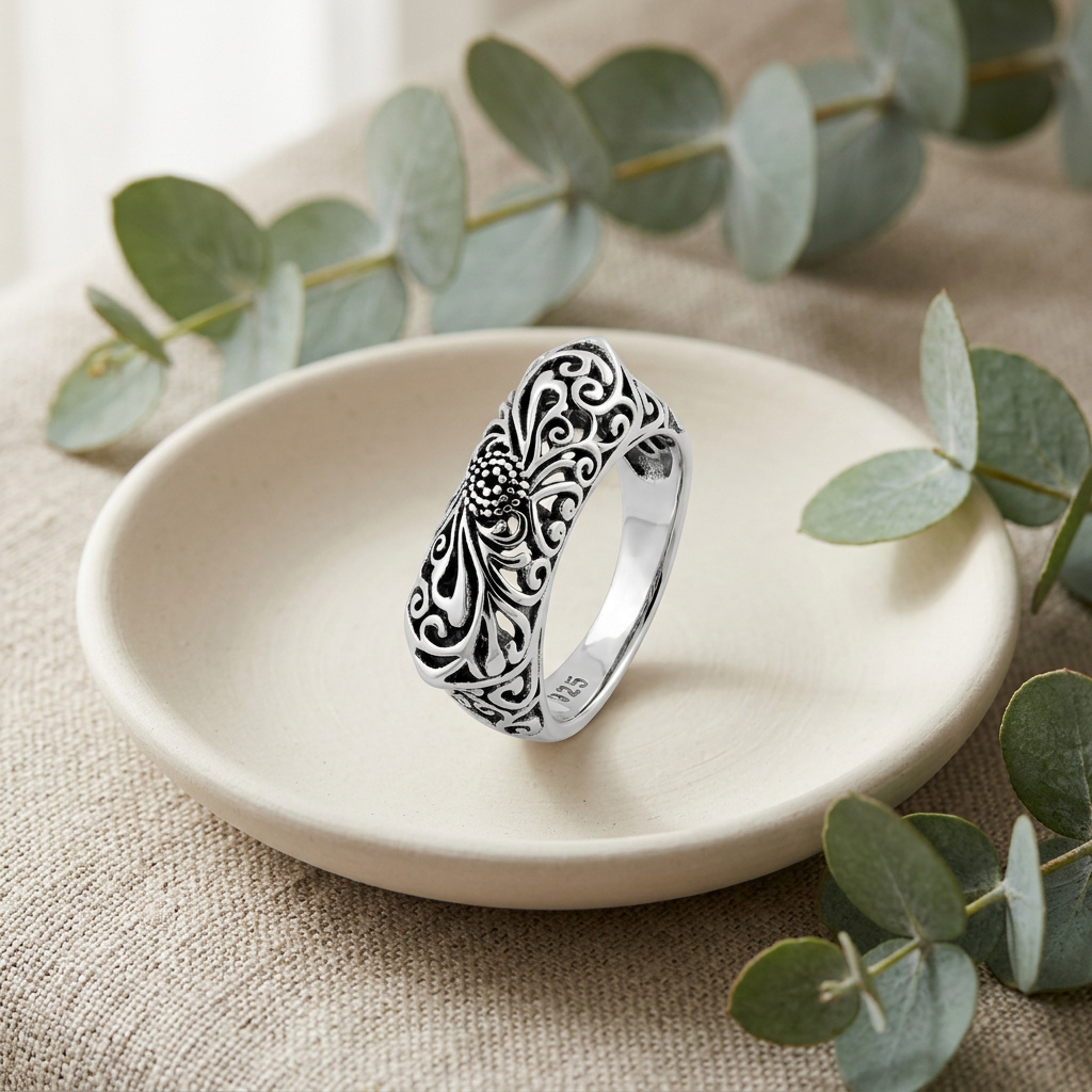 Sterling Silver 5.4mm Antiqued Floral Filigree Statement Ring for Women life2