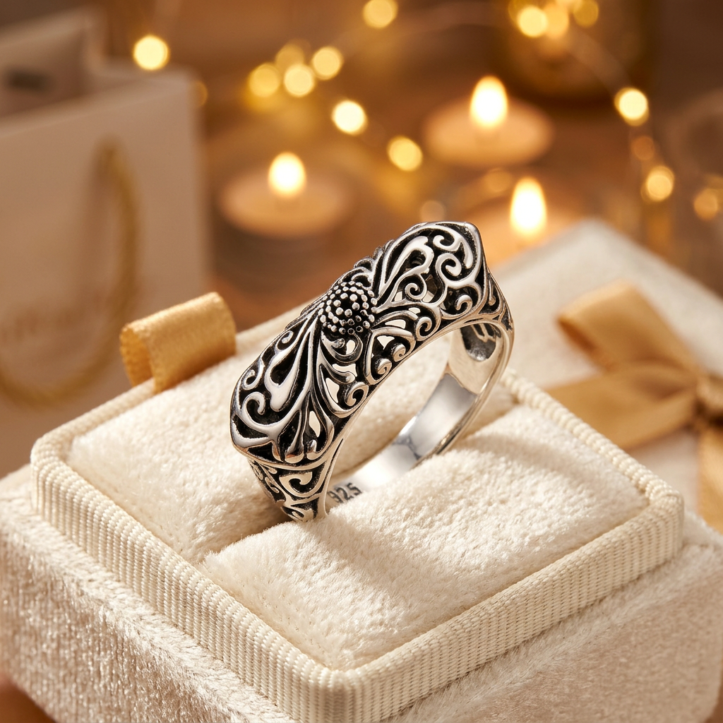 Sterling Silver 5.4mm Antiqued Floral Filigree Statement Ring for Women life3