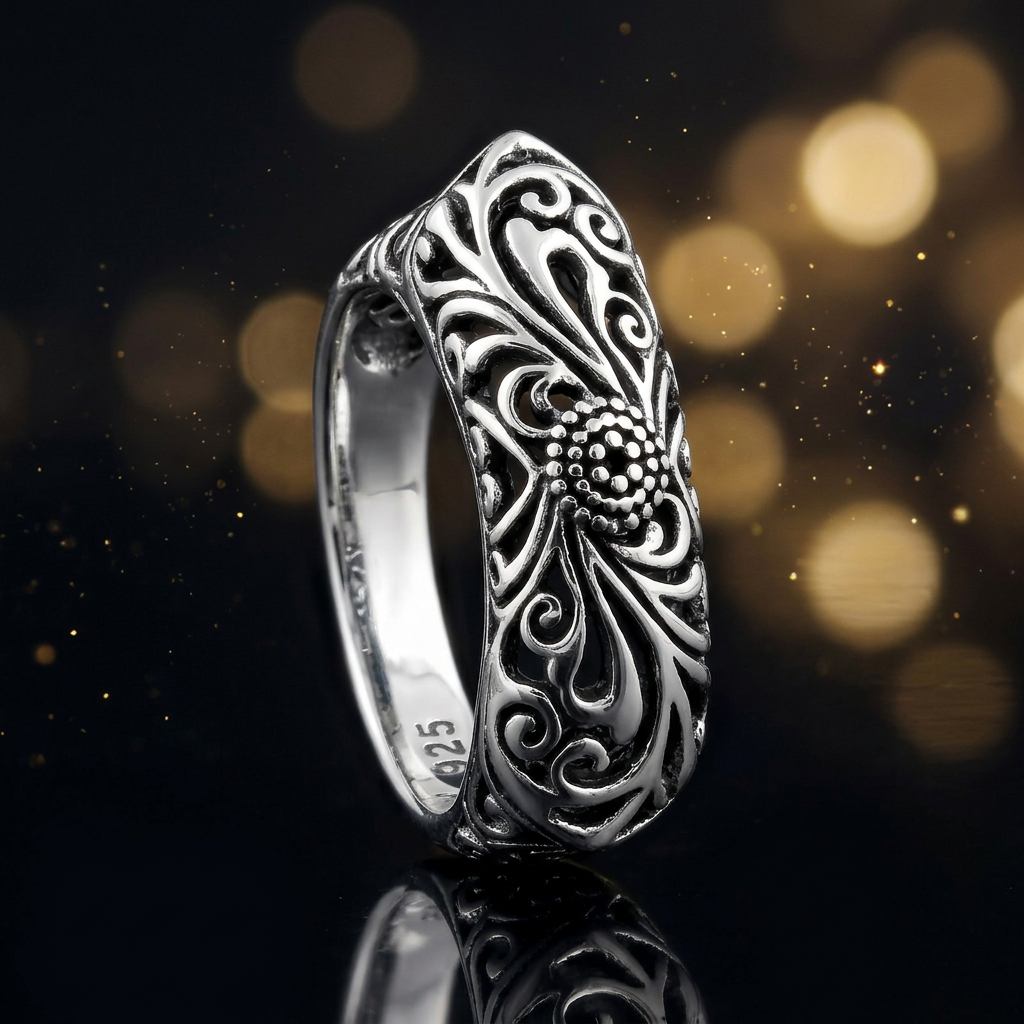 Sterling Silver 5.4mm Antiqued Floral Filigree Statement Ring for Women life4