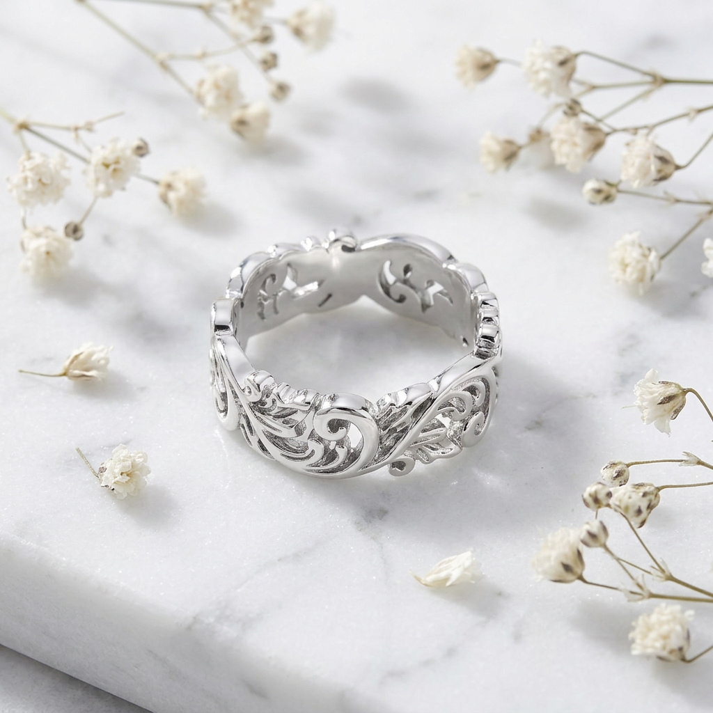 Sterling Silver 6.5mm Filigree Leaf Scroll Eternity Band Ring for Women life1