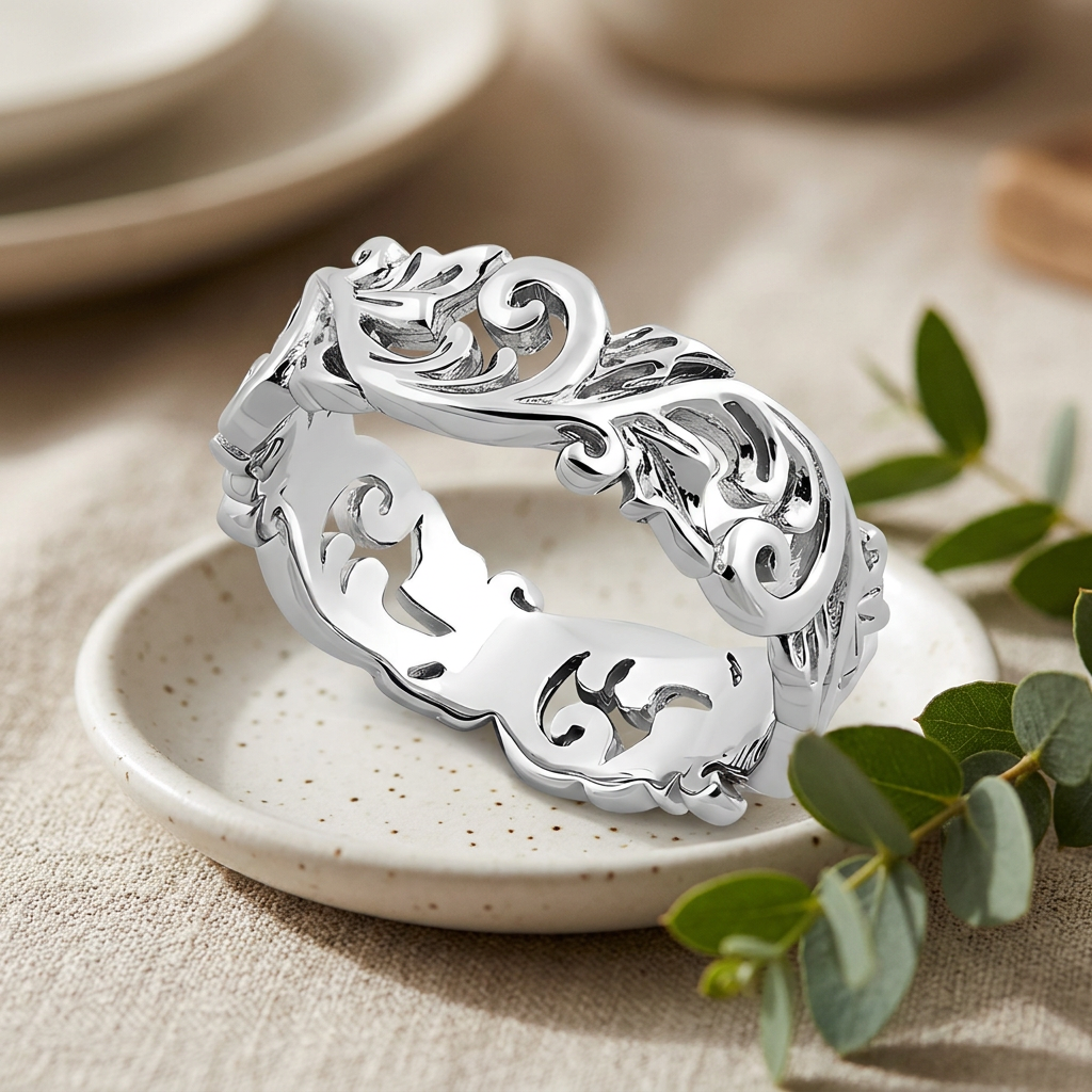 Sterling Silver 6.5mm Filigree Leaf Scroll Eternity Band Ring for Women life2