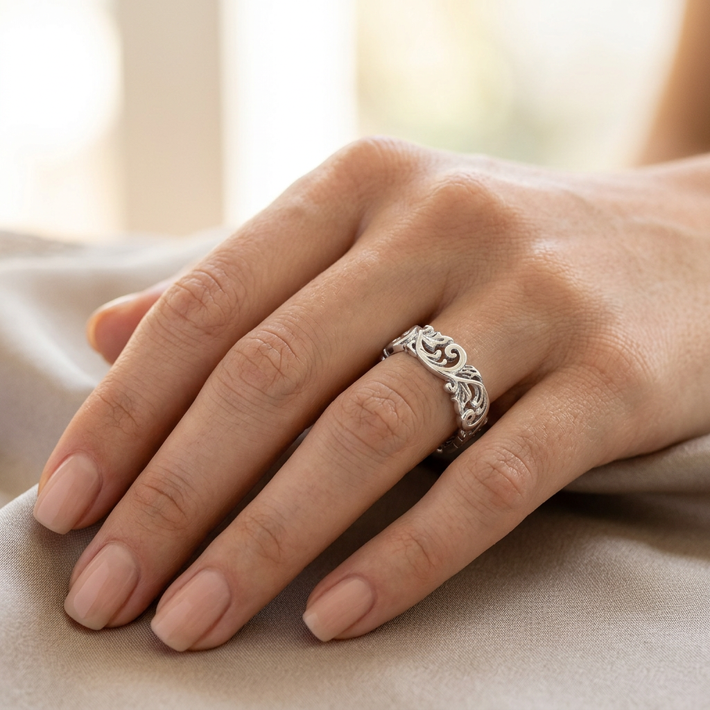 Sterling Silver 6.5mm Filigree Leaf Scroll Eternity Band Ring for Women model