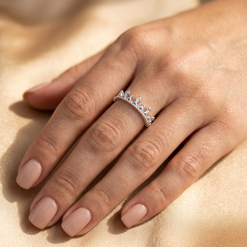 Sterling Silver 2mm Princess Tiara Crown Rope Edge Ring for Women model