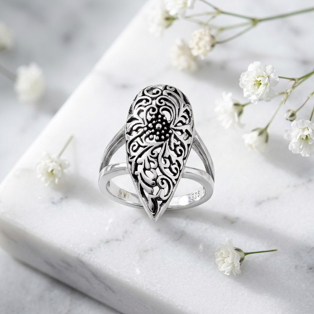 Sterling Silver 4.5mm Filigree Flower Teardrop Statement Ring for Women life1