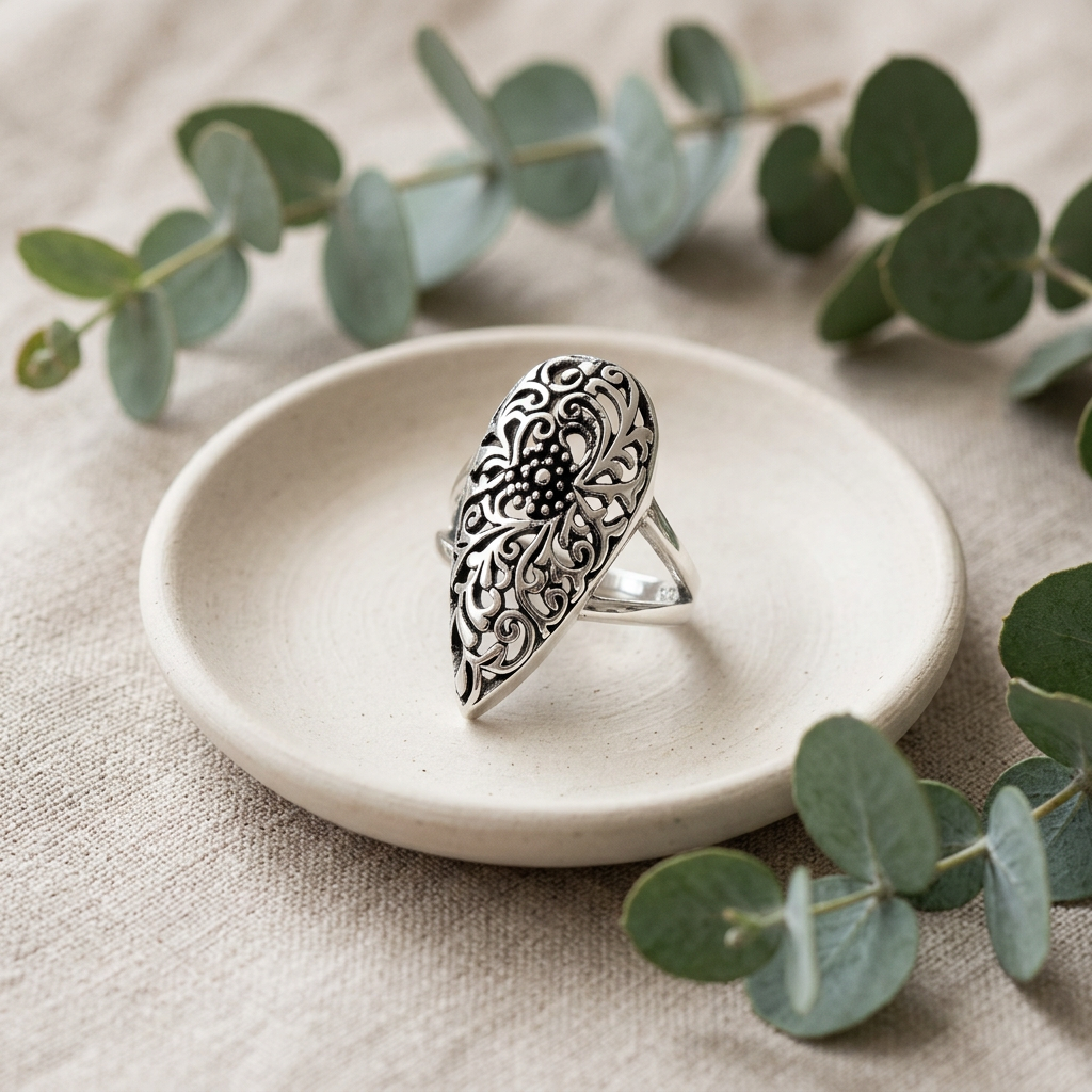 Sterling Silver 4.5mm Filigree Flower Teardrop Statement Ring for Women life2