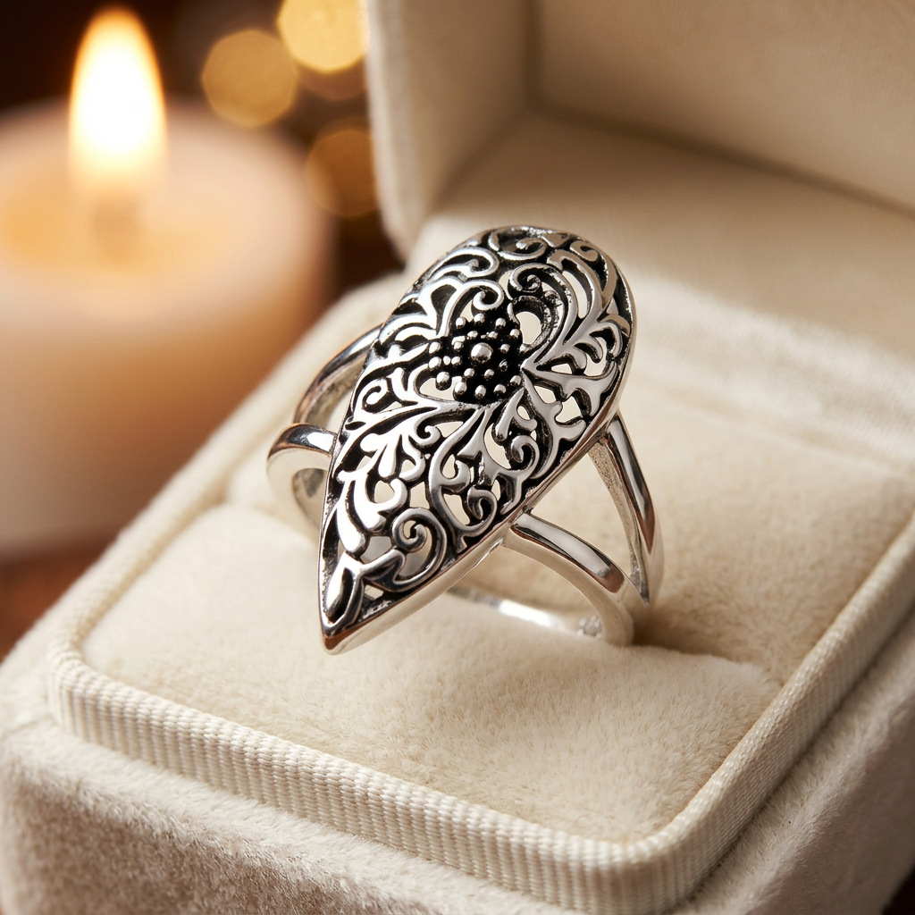 Sterling Silver 4.5mm Filigree Flower Teardrop Statement Ring for Women life3