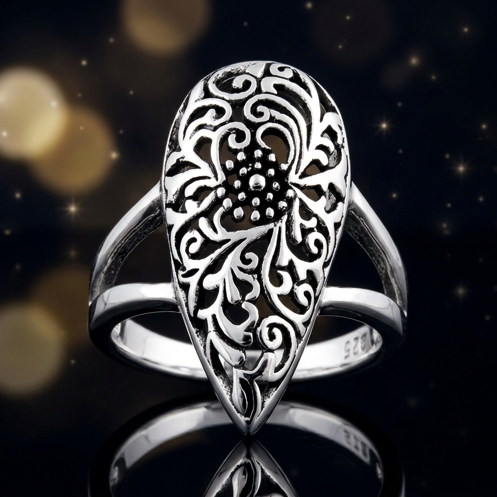 Sterling Silver 4.5mm Filigree Flower Teardrop Statement Ring for Women life4