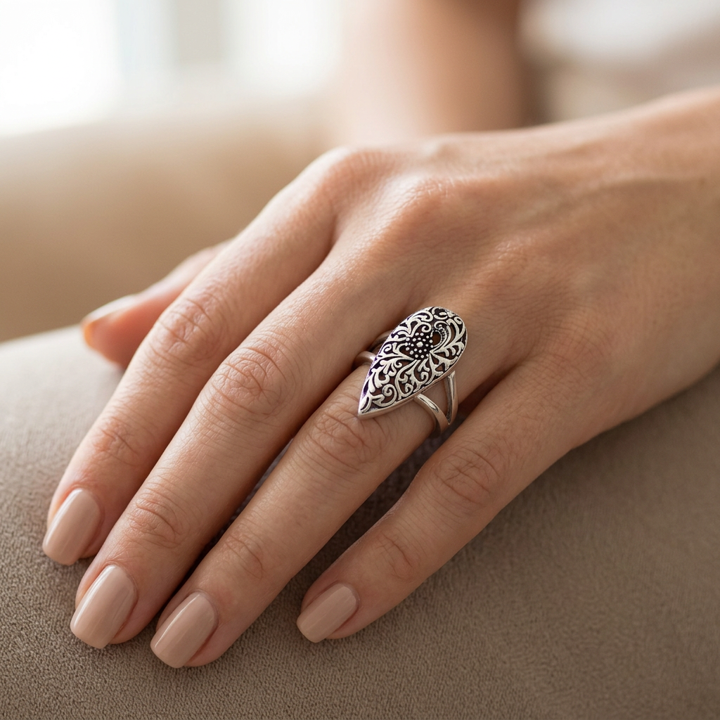 Sterling Silver 4.5mm Filigree Flower Teardrop Statement Ring for Women model