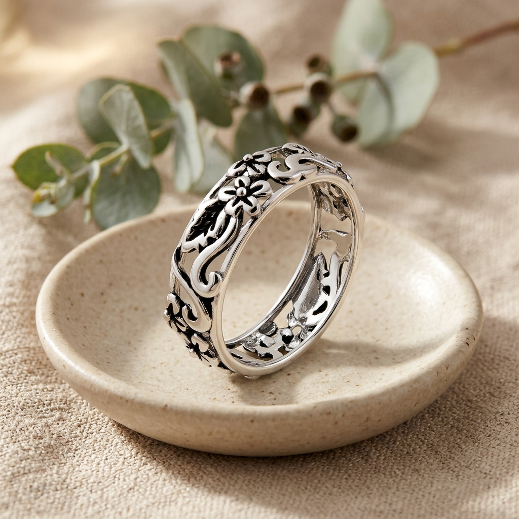 Sterling Silver 5.5mm Open Floral Vine Eternity Band Ring for Women life2