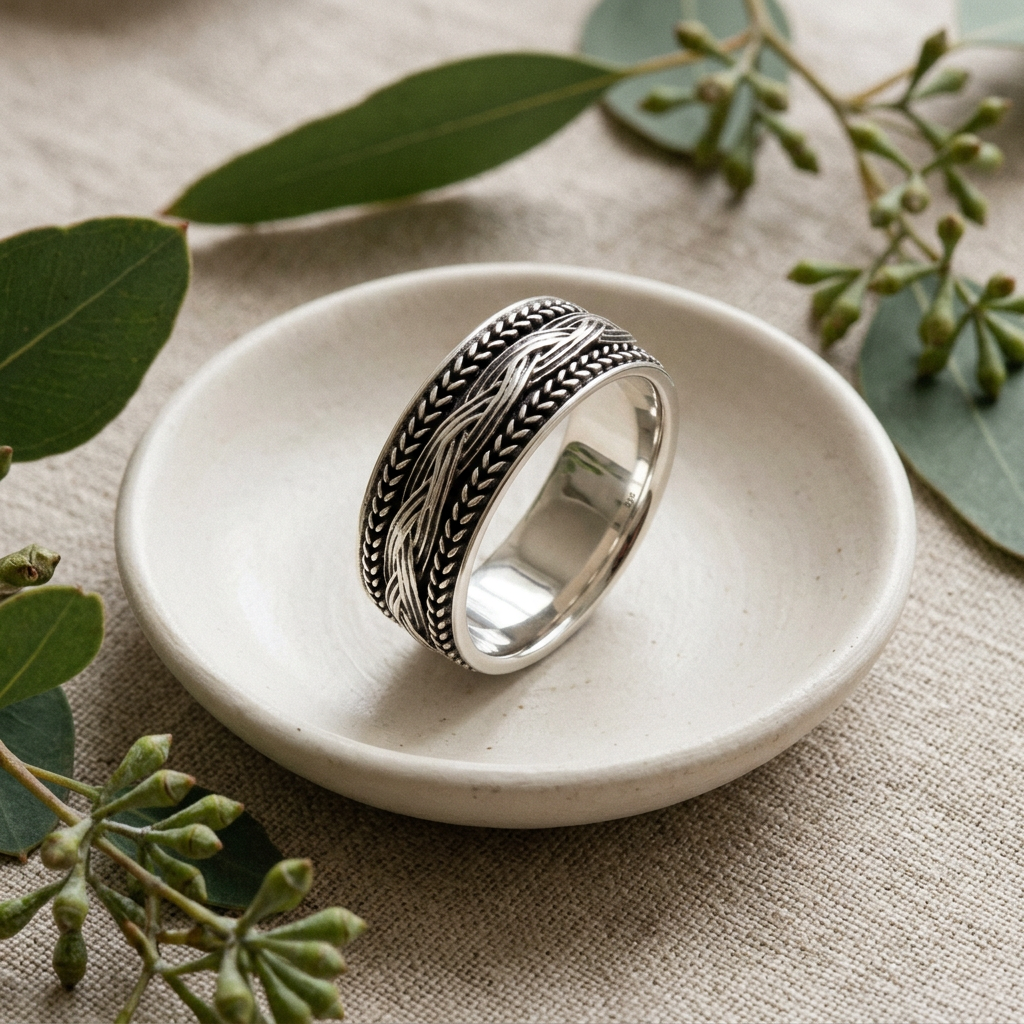 Sterling Silver 7.5mm Braided Bali Wedding Band Ring for Men life2