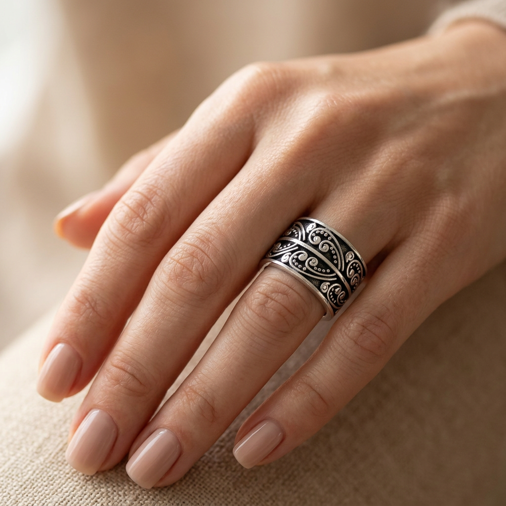 Sterling Silver 11mm Wide Bali Scroll Heart Swirl Band Ring for Women model