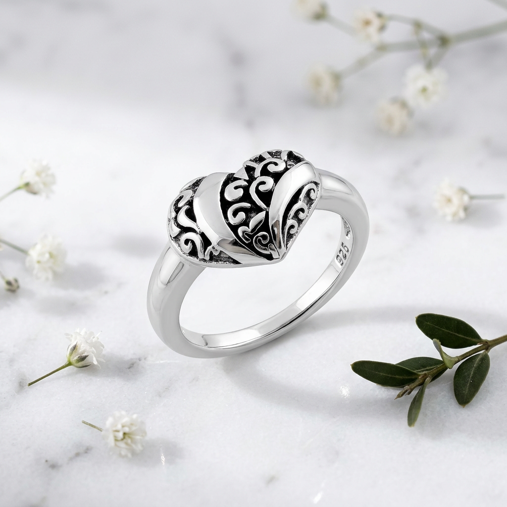 Sterling Silver 3mm Puffed Heart Scroll Swirl Ring for Women life1