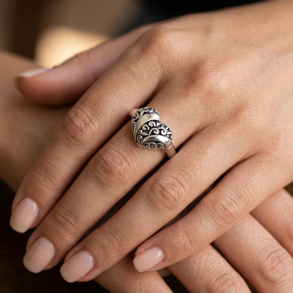 Sterling Silver 3mm Puffed Heart Scroll Swirl Ring for Women model
