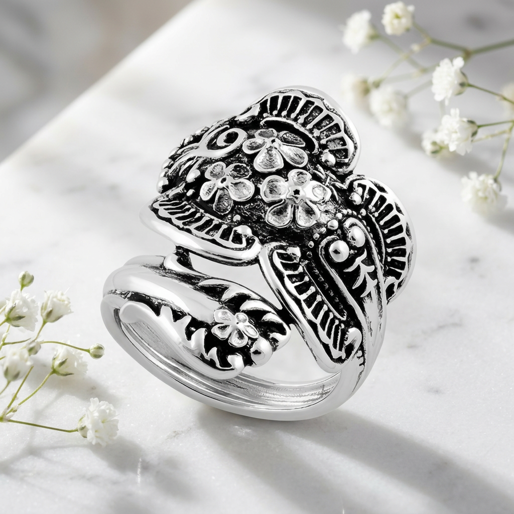 Sterling Silver Antiqued Floral Spoon Wrap Ring for Women life1