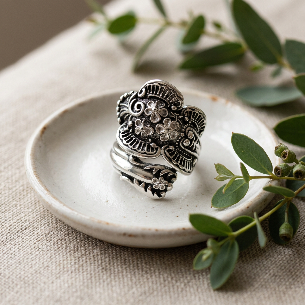 Sterling Silver Antiqued Floral Spoon Wrap Ring for Women life2