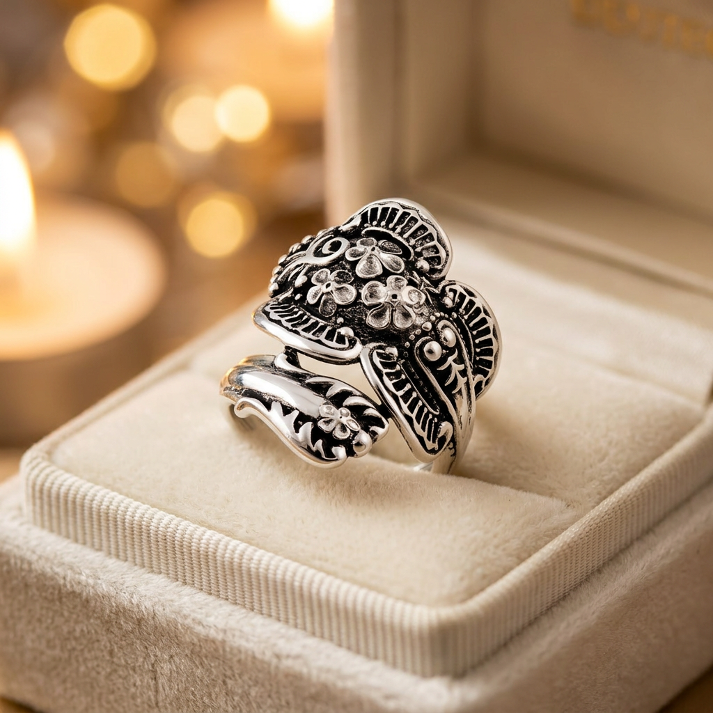 Sterling Silver Antiqued Floral Spoon Wrap Ring for Women life3