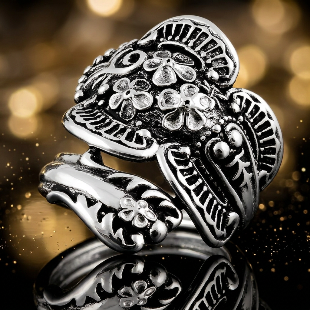 Sterling Silver Antiqued Floral Spoon Wrap Ring for Women life4