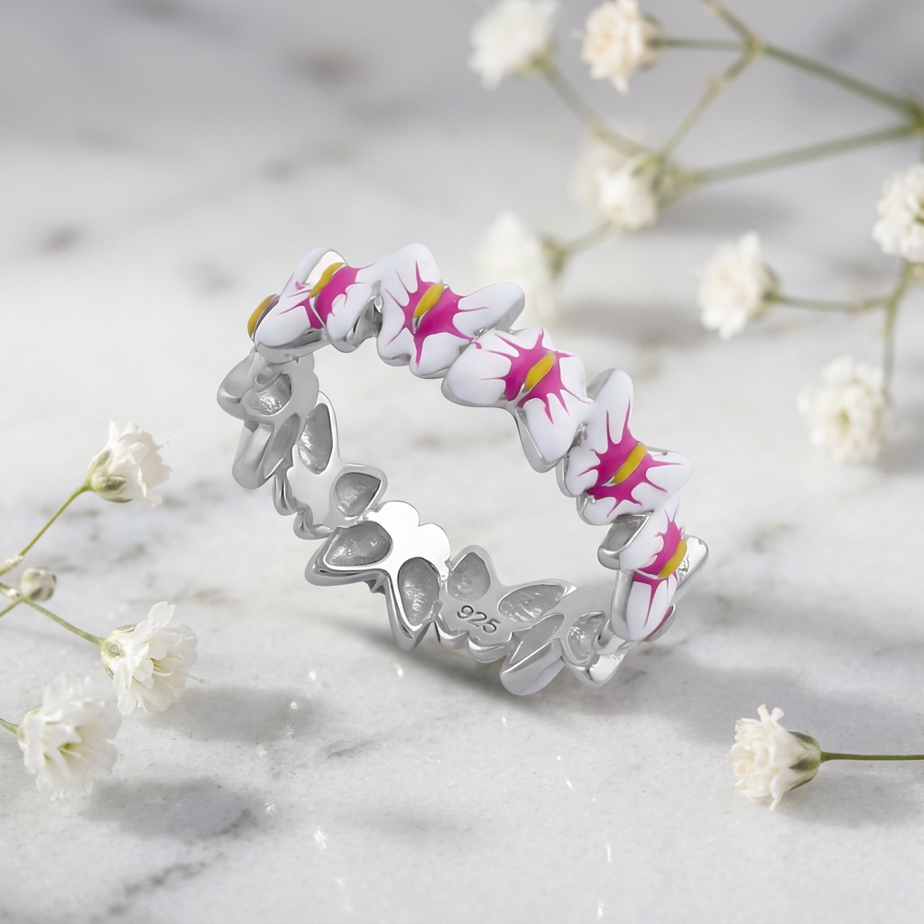 Sterling Silver Pink and White Enamel Butterfly Eternity Ring for Women life1