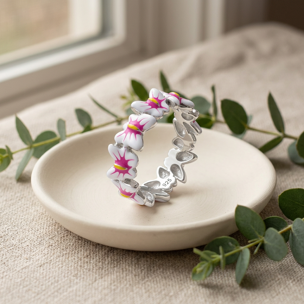 Sterling Silver Pink and White Enamel Butterfly Eternity Ring for Women life2
