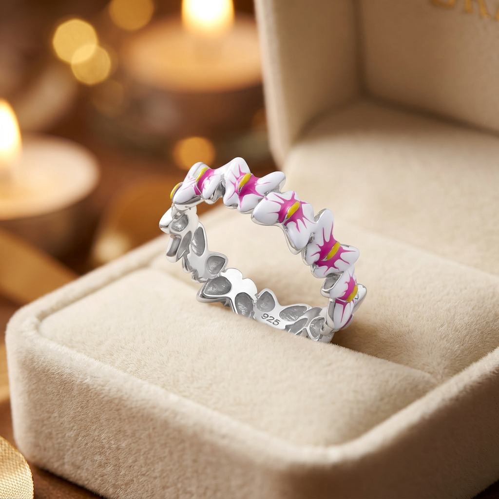 Sterling Silver Pink and White Enamel Butterfly Eternity Ring for Women life3