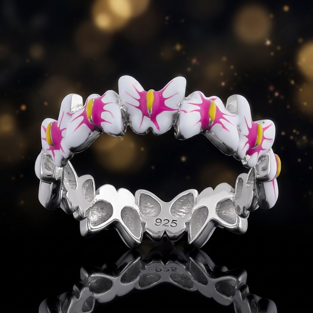 Sterling Silver Pink and White Enamel Butterfly Eternity Ring for Women life4