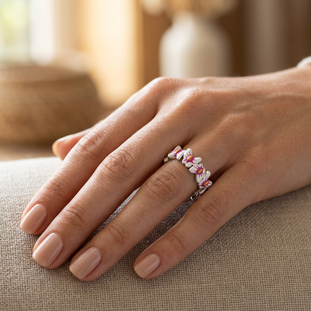 Sterling Silver Pink and White Enamel Butterfly Eternity Ring for Women model