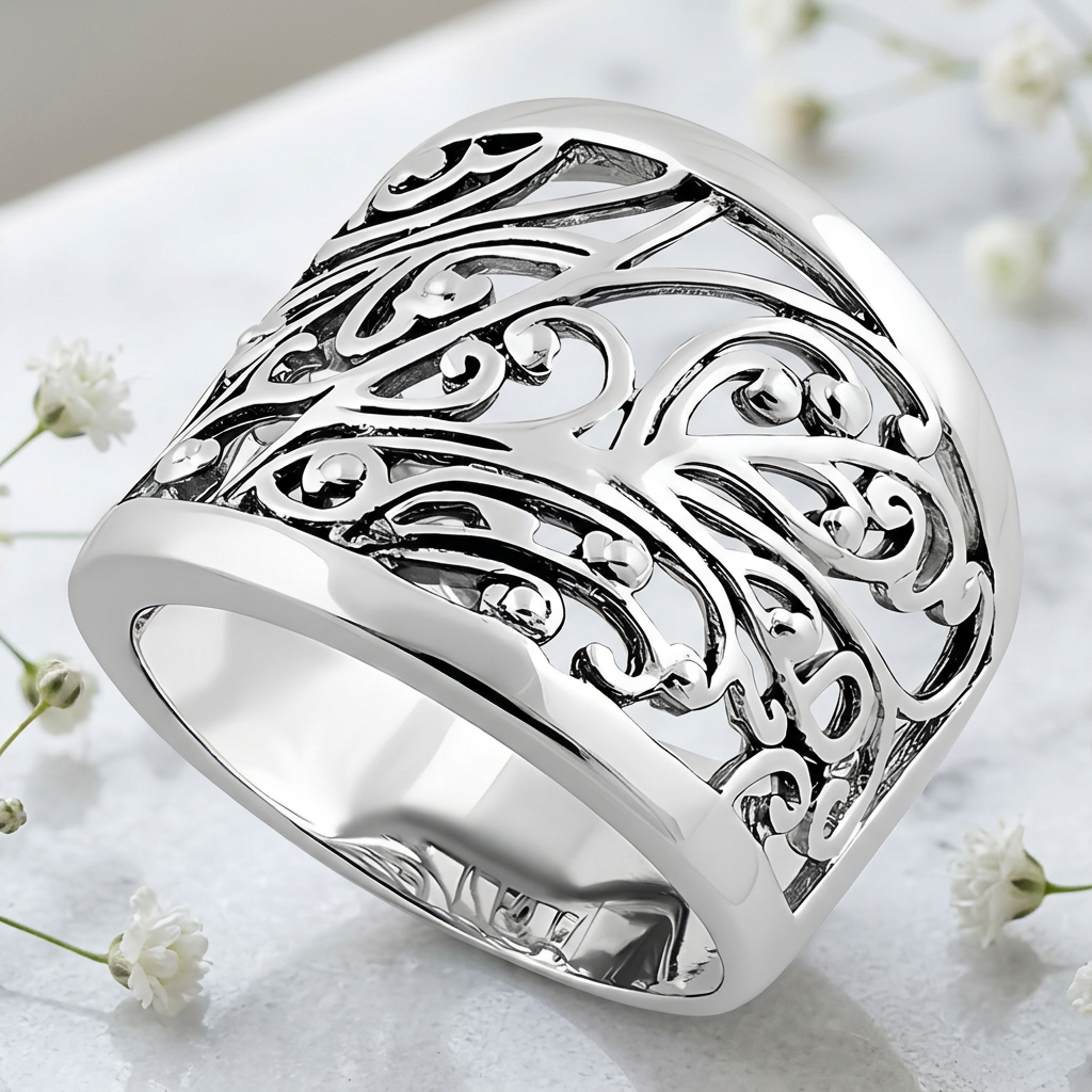 Sterling Silver 12.2mm Openwork Vine Scroll Statement Ring for Women life1