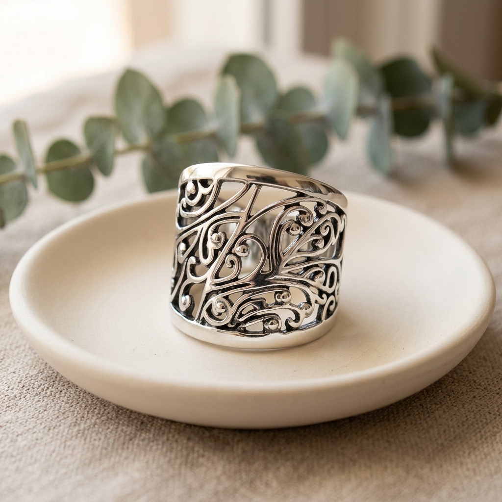 Sterling Silver 12.2mm Openwork Vine Scroll Statement Ring for Women life2