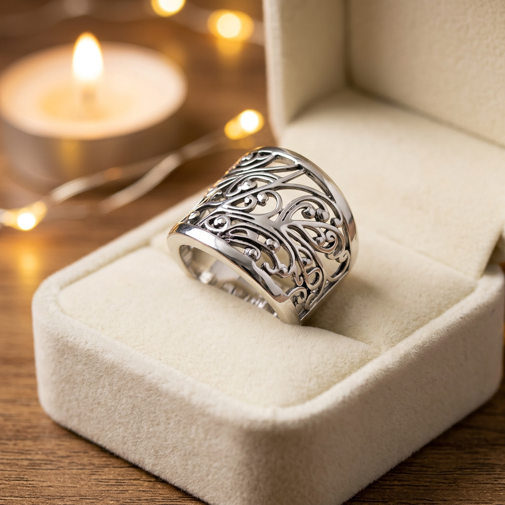 Sterling Silver 12.2mm Openwork Vine Scroll Statement Ring for Women life3
