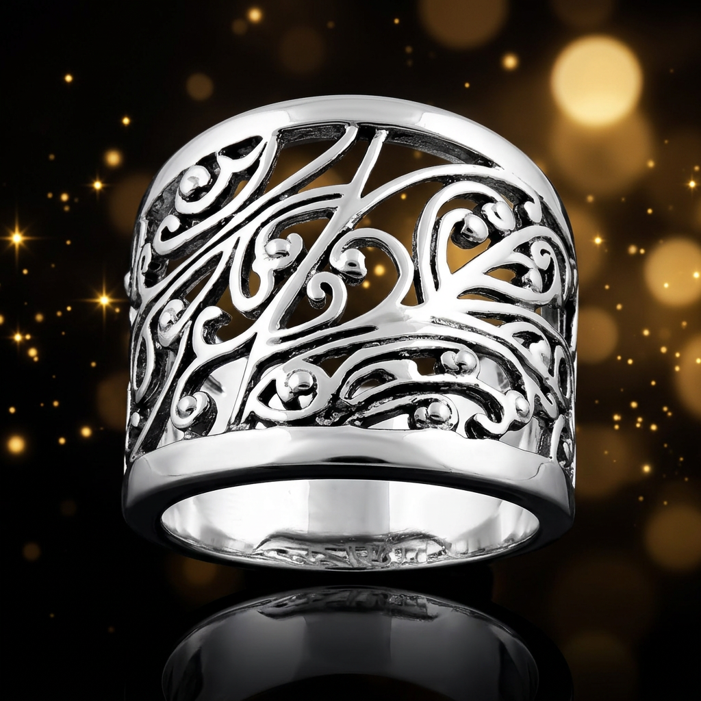 Sterling Silver 12.2mm Openwork Vine Scroll Statement Ring for Women life4