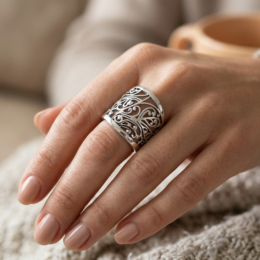 Sterling Silver 12.2mm Openwork Vine Scroll Statement Ring for Women model