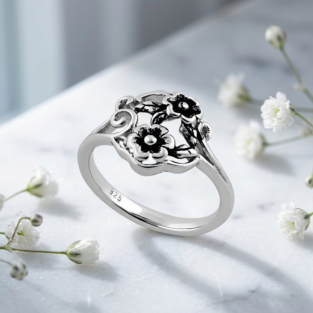 Sterling Silver Two Flower Blossom and Scroll Vine Ring for Women life1