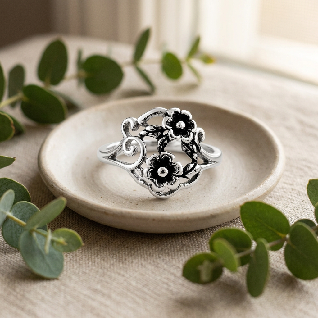 Sterling Silver Two Flower Blossom and Scroll Vine Ring for Women life2