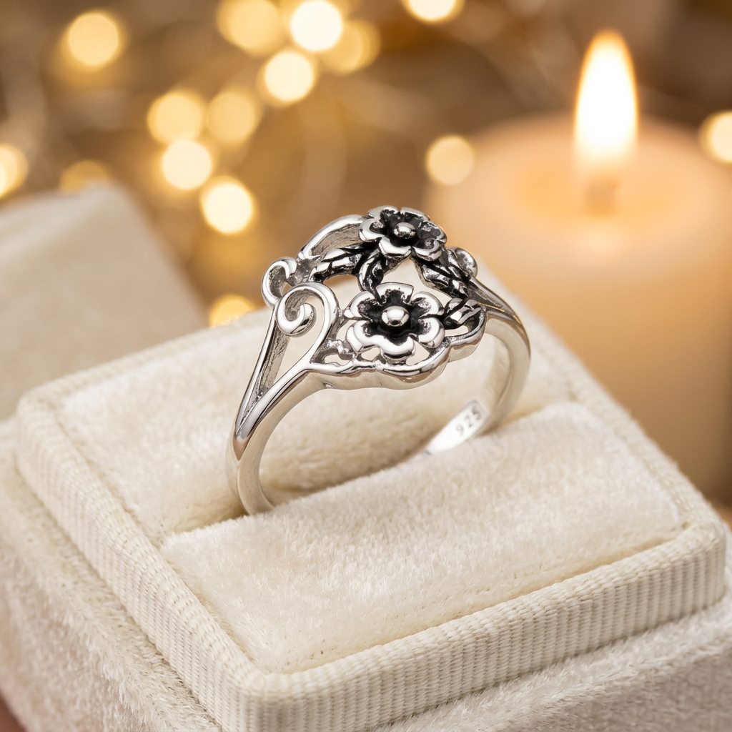 Sterling Silver Two Flower Blossom and Scroll Vine Ring for Women life3
