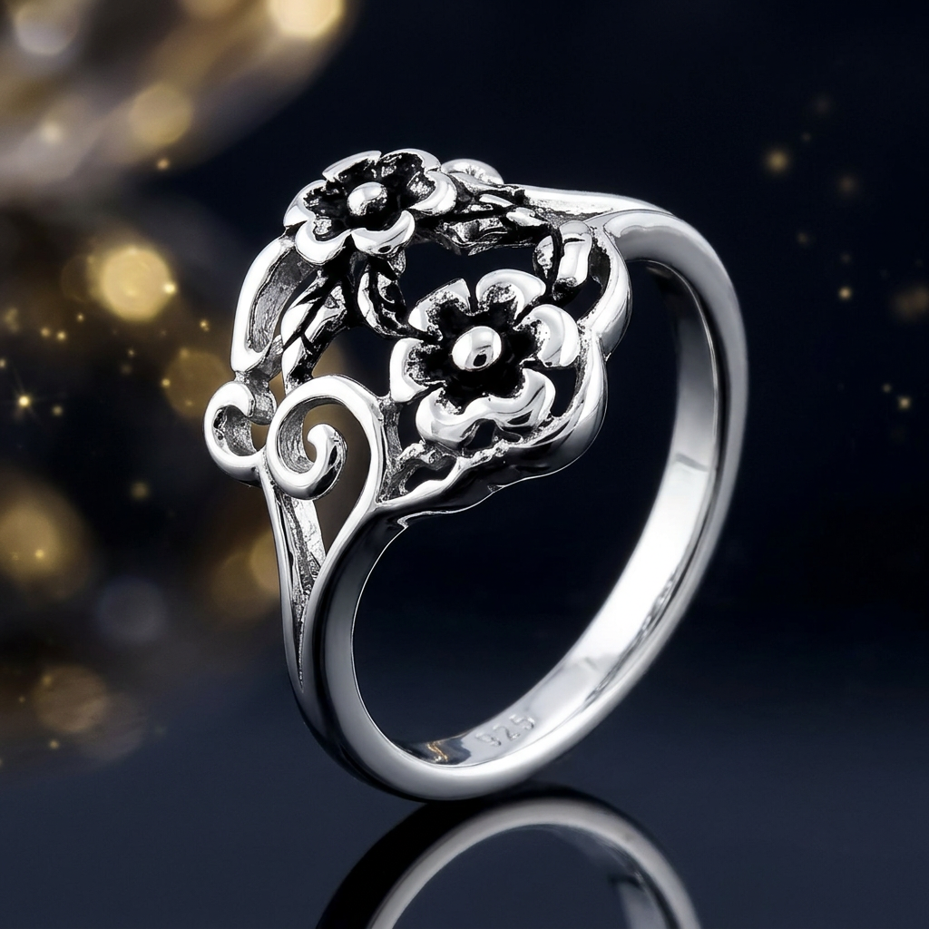 Sterling Silver Two Flower Blossom and Scroll Vine Ring for Women life4