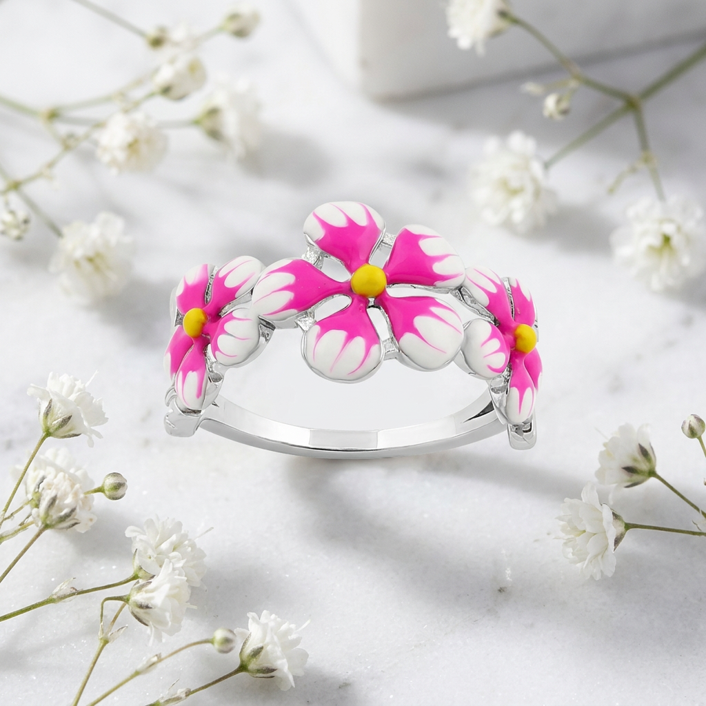 Sterling Silver Pink and White Enamel Plumeria Flower Trio Ring for Women life1