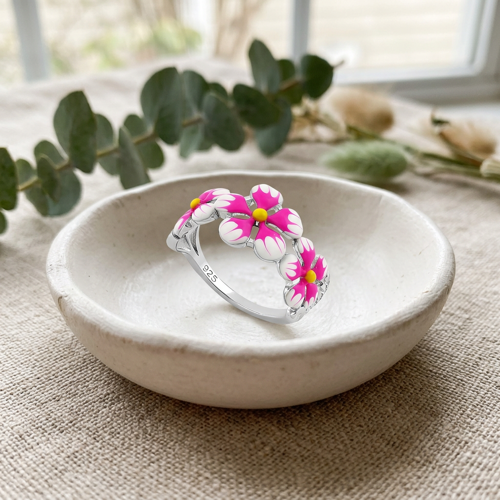 Sterling Silver Pink and White Enamel Plumeria Flower Trio Ring for Women life2