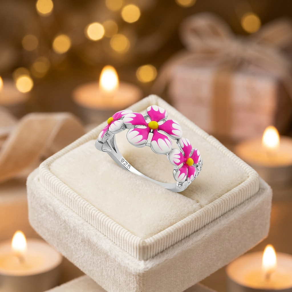 Sterling Silver Pink and White Enamel Plumeria Flower Trio Ring for Women life3