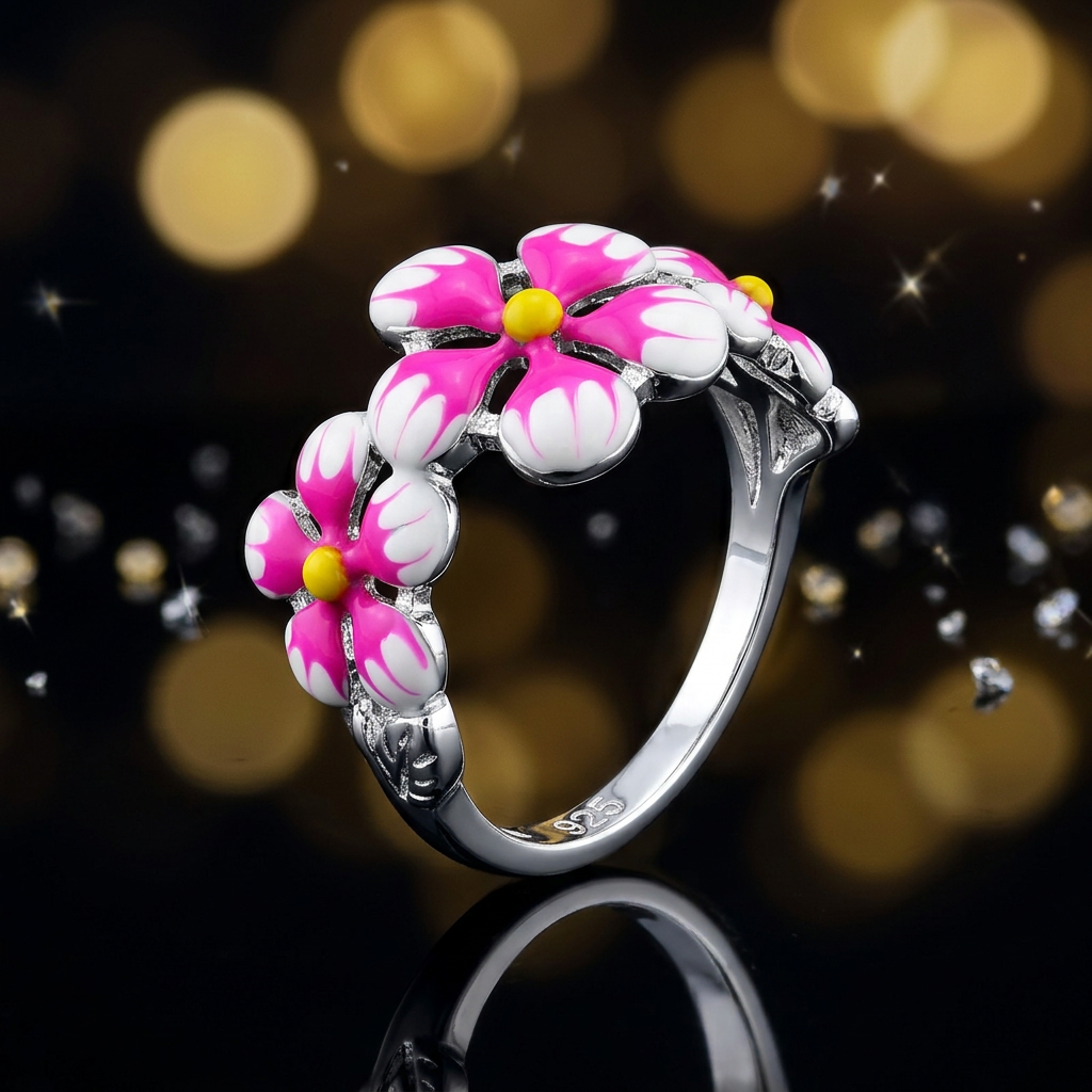 Sterling Silver Pink and White Enamel Plumeria Flower Trio Ring for Women life4