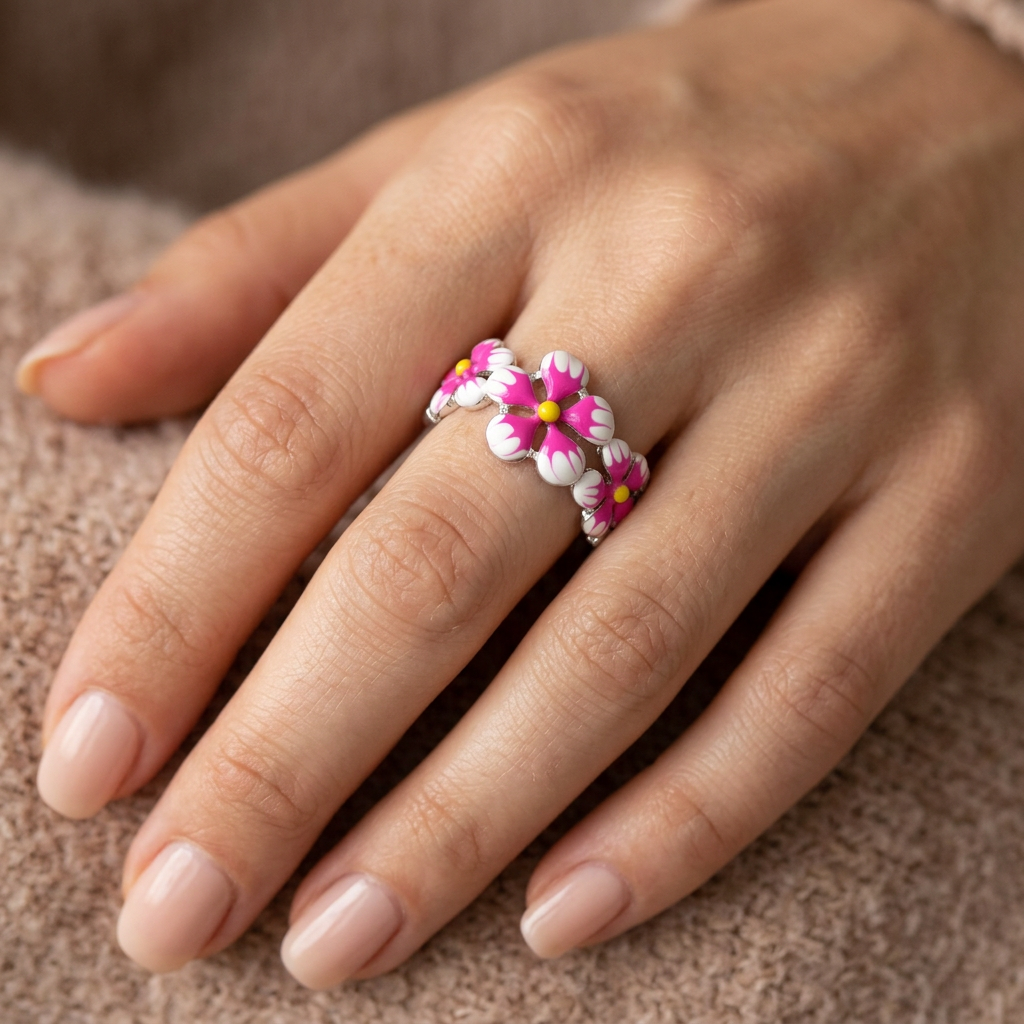 Sterling Silver Pink and White Enamel Plumeria Flower Trio Ring for Women model